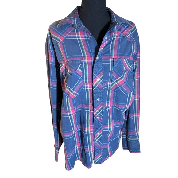 Vtg Wrangler Big Man USA Made Pearl Snap Western Button Up Plaid Shirt 16.5-35 L - Picture 1 of 7